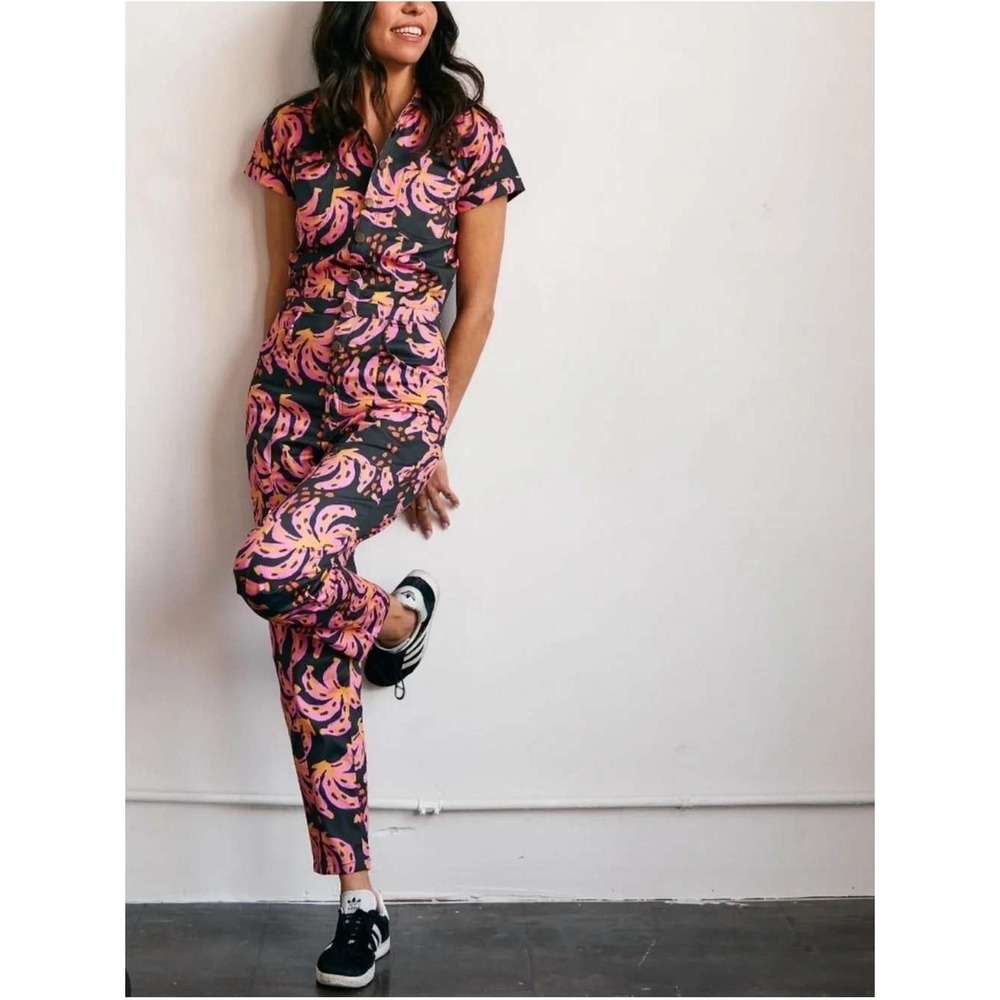 Mixed By Nasrin Pink 'Nana Jumpsuit L Tall Novelty Banana Print Cotton Cropped